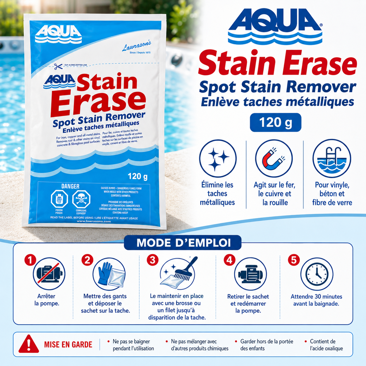 AQUA Stain Erase 120 g – Détachant pour taches métalliques de piscine